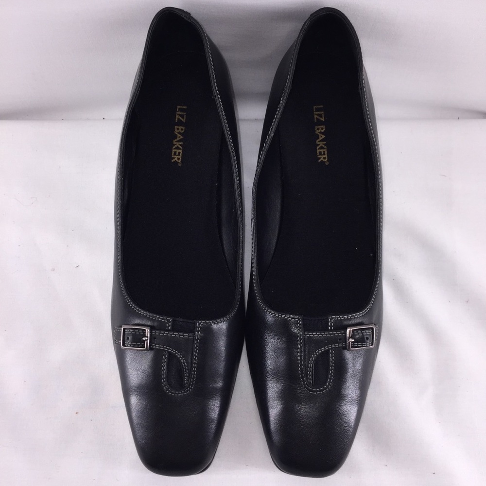 Liz Baker Womans Shoe Size 7 1/2M Black Leather Loafer Buckle Block Heel Slip On